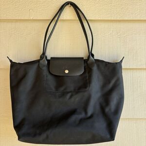 Longchamp Le Pliage Large Tote Bag Black Nylon Leather Trim Foldable Travel